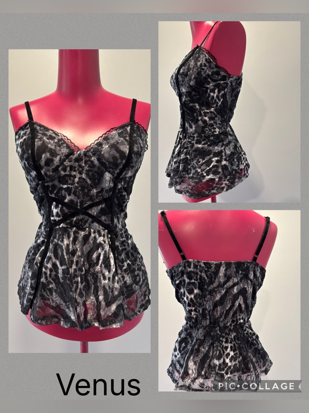 VENUS Black and Gray Leopard Print peplum top M